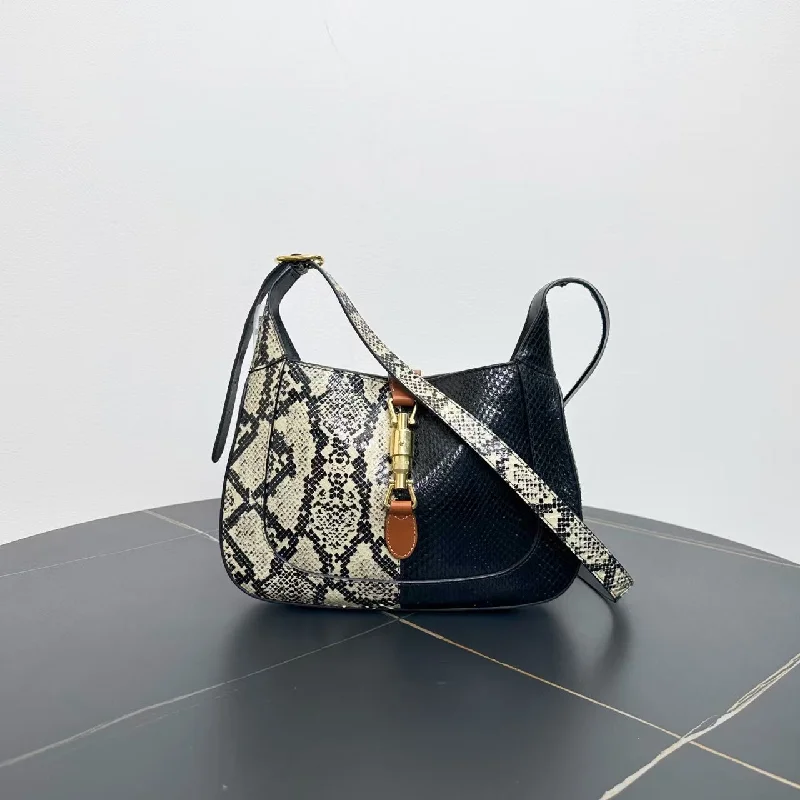 Gucci Jackie Black Beige Snake Print Leather Underarm Bag Medium