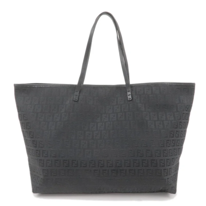 FENDI Zucchino Print Canvas Leather Tote Bag Black