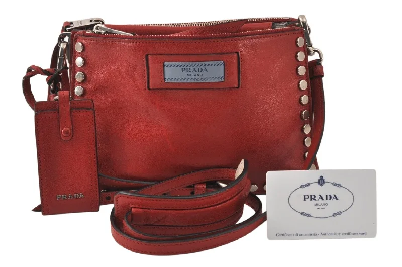 Authentic PRADA GLACE'CALF Leather Shoulder Cross Body Bag 1BH077 Red 4991K