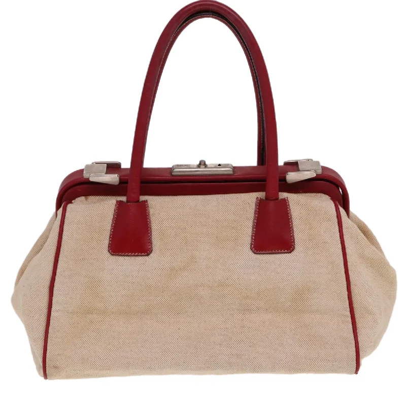 PRADA Hand Bag Canvas Leather Cream Red  78856