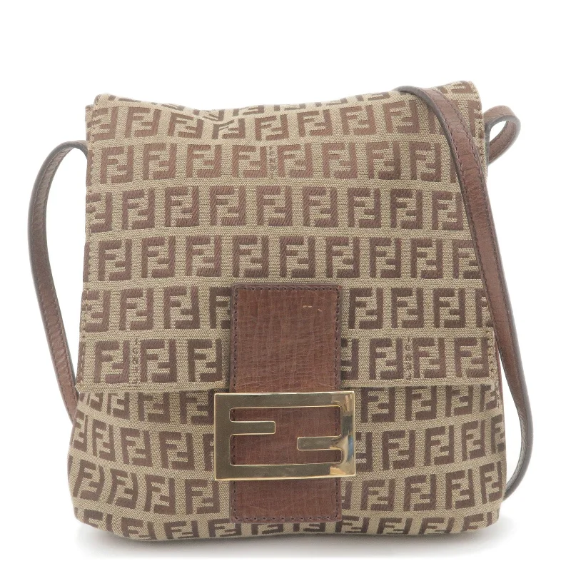 FENDI Zucchino Print Canvas Leather Shoulder Bag Brown 8BT075