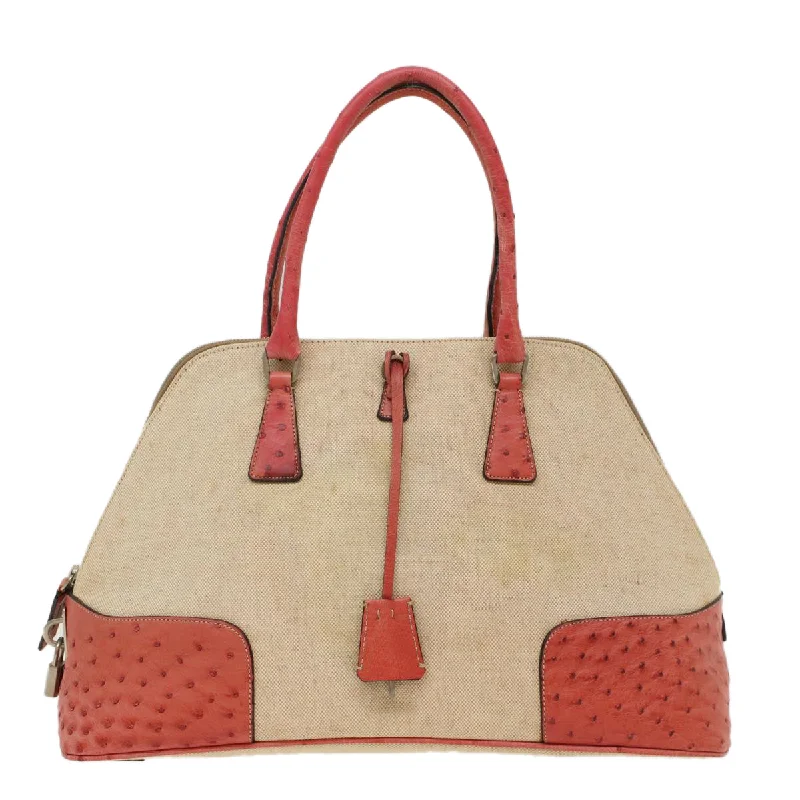 PRADA Hand Bag Canvas Leather Beige Pink  am4837