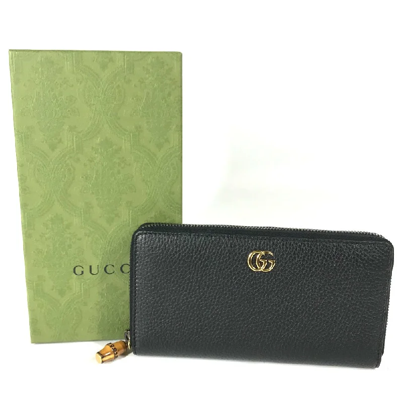 GUCCI Long Wallet Purse 739499 leather Navy GG Marmont Bamboo Zip Around Women Secondhand