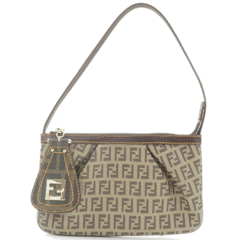 FENDI Zucchino Print PVC Leather Pouch Hand Bag Beige Brown 8BR566