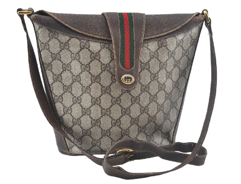 Authentic GUCCI Web Sherry Line Shoulder Cross Bag GG PVC Leather Brown 1528K