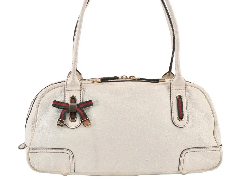 Auth GUCCI Web Sherry Line Princy Ribbon Shoulder Bag Leather 161720 White 1683K