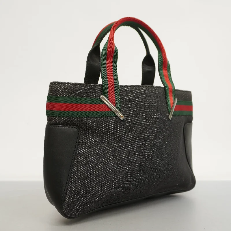 GUCCI  Sherry Line 73984 Women's Denim,Leather Tote Bag Black