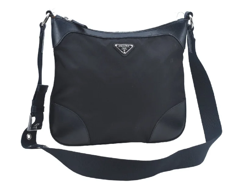 Authentic PRADA Nylon Tessuto Leather Shoulder Cross Body Bag Black L0330