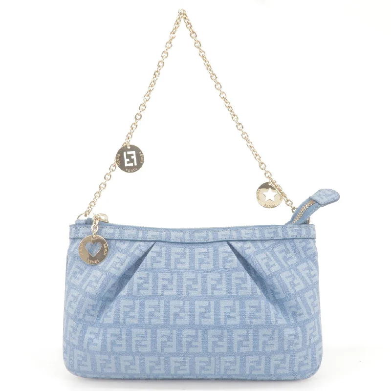 FENDI Zucchino Print PVC Chain Hand Bag Blue 8BR594