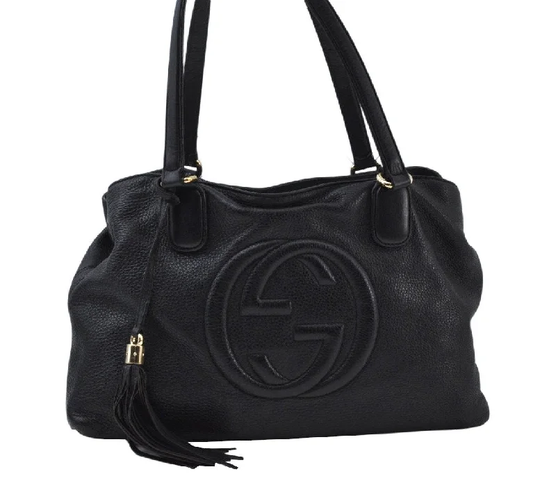 Authentic GUCCI SOHO Tassel Shoulder Bag GG Leather 308363 Black K9979