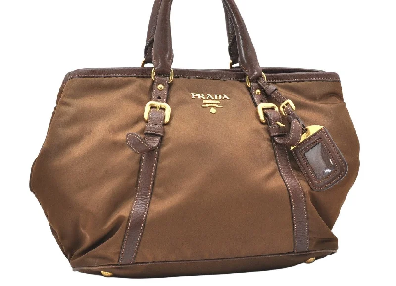 Authentic PRADA Vintage Nylon Tessuto Leather 2Way Shoulder Tote Bag Brown 2949K