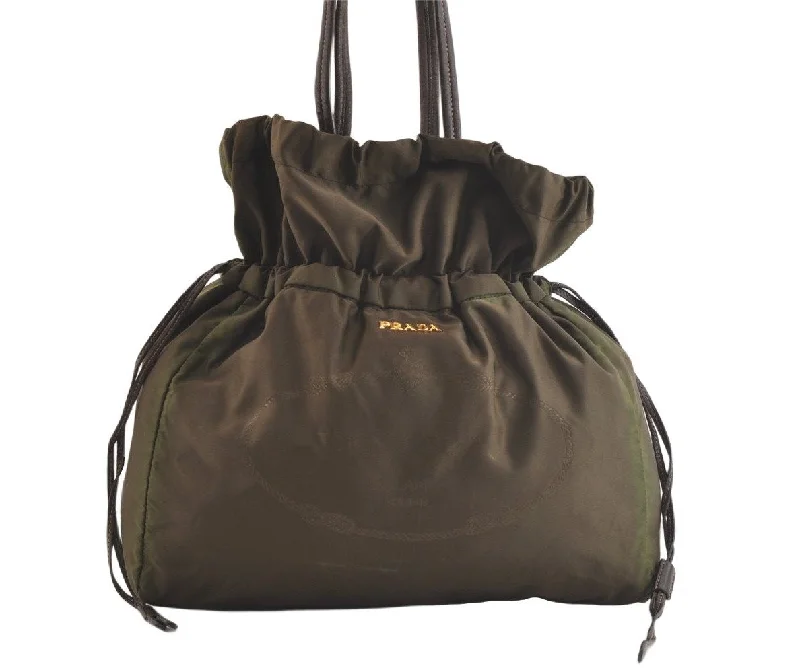 Authentic PRADA Nylon Tessuto Leather Drawstring Bag Khaki Green Junk 3565K