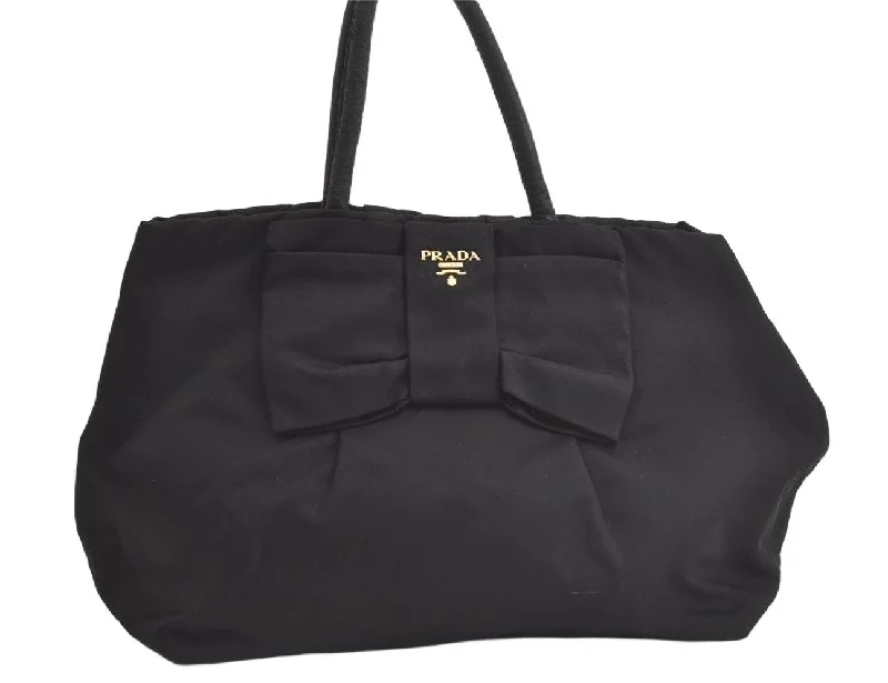 Authentic PRADA Tessuto Fiocco Ribbon Nylon Leather Hand Tote Bag Black 4585K