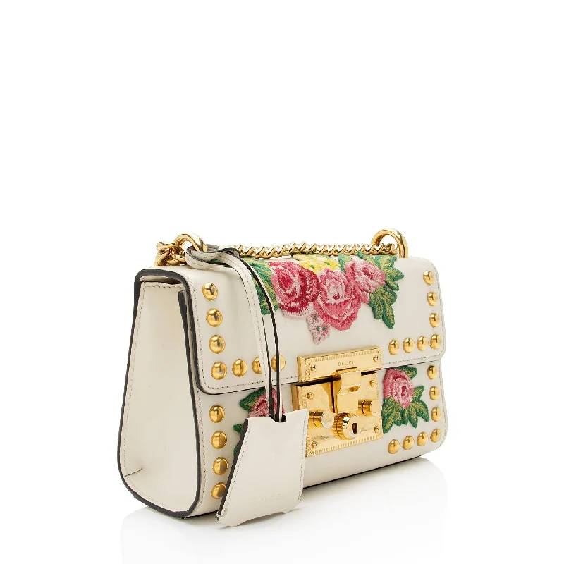 Gucci Calfskin Floral Studded Padlock Small Shoulder Bag (SHF-XfBq3s)