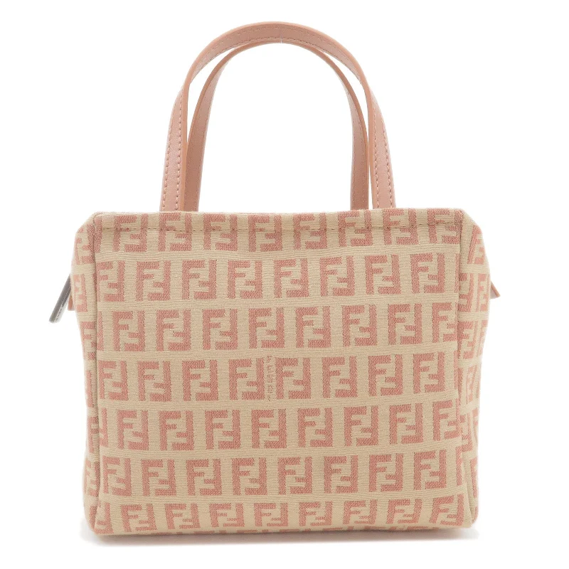 FENDI Zucchino Print Canvas Leather Hand Bag Beige Pink 8BN105