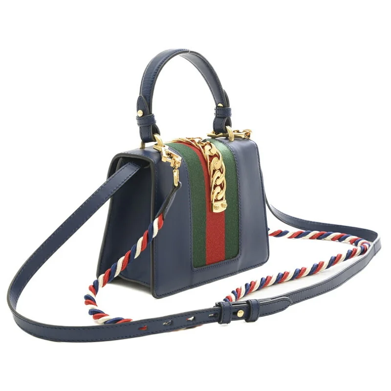 GUCCI Sylvie Top Handle 2Way Bag Leather Navy 470270