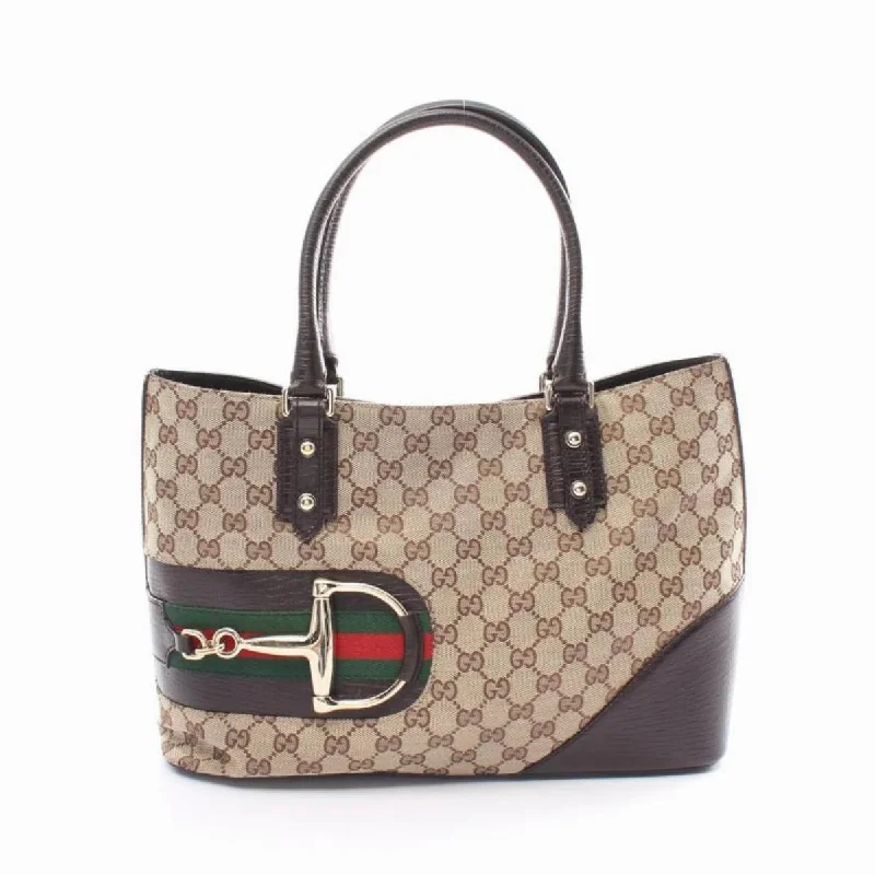 Gucci Hustler Bit Sherry Line GG Leather Tote Bag Beige Dark Brown Multicolor