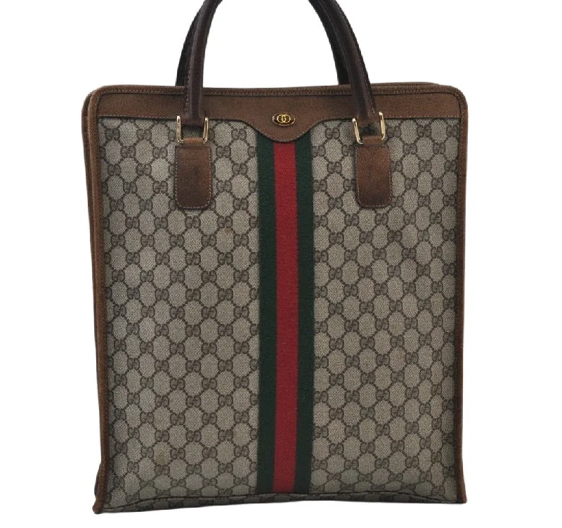 Authentic GUCCI Web Sherry Line Hand Tote Bag GG PVC Leather Brown L0049