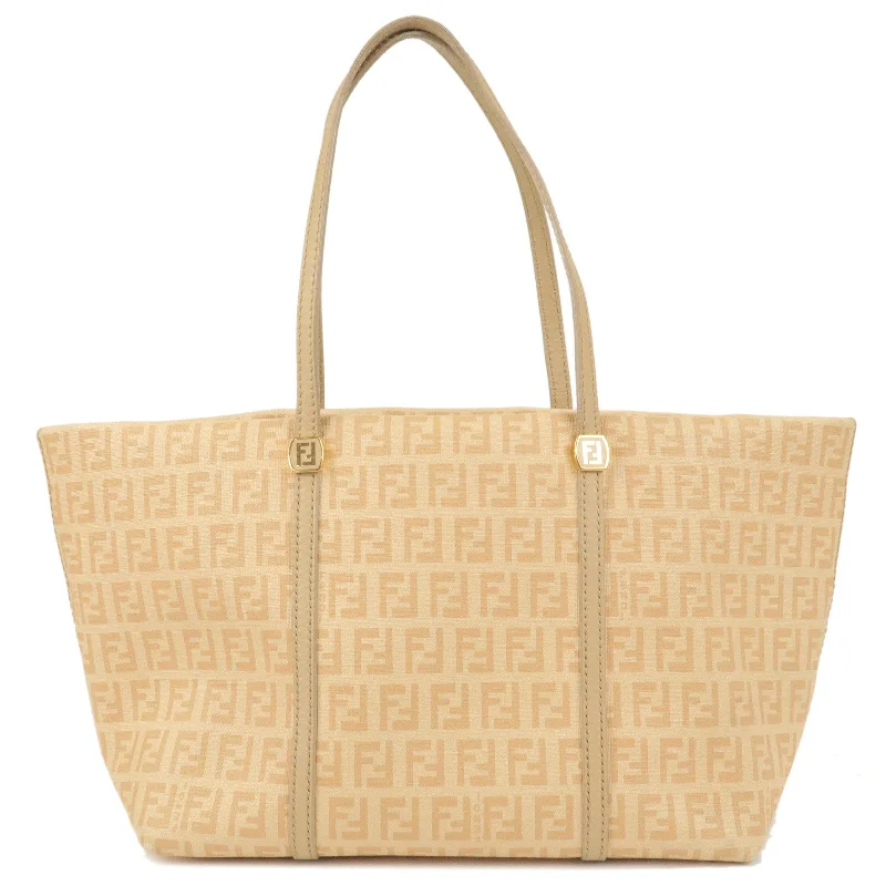 FENDI Zucchino Print Canvas Leather Tote Bag Beige 8BH256