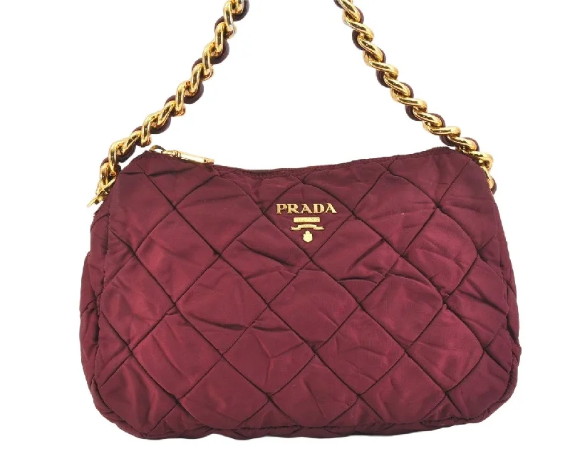 Auth PRADA Nylon Tessuto Leather Chain Shoulder Hand Bag Purse Bordeaux 5402K