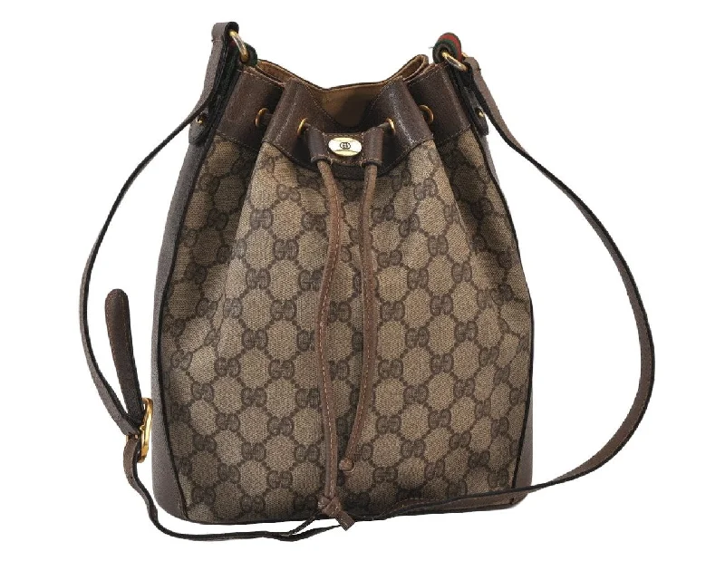 Authentic GUCCI Web Sherry Line Drawstring Bag GG PVC Leather Brown Junk 1634K