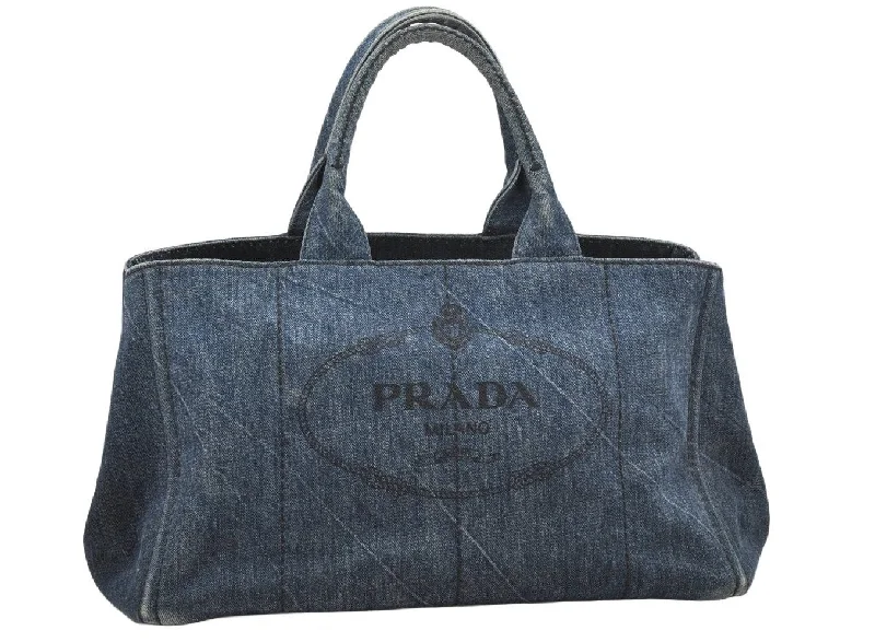 Authentic PRADA Canapa L Canvas Tote Hand Bag Denim Blue 4998K