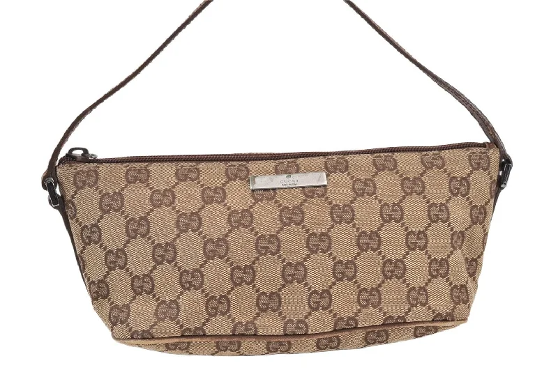 Authentic GUCCI Vintage Hand Bag Pouch Purse GG Canvas Leather 07198 Brown 1652K