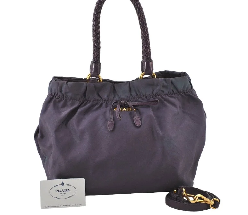 Authentic PRADA Tessuto Bow Nylon Leather 2Way Hand Bag BN1970 Purple 4645K