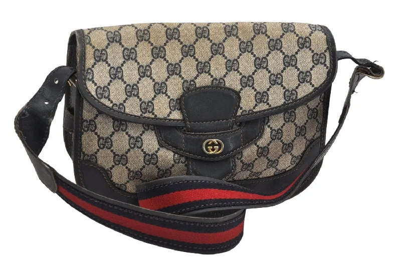 Authentic GUCCI Sherry Line Shoulder Cross Bag GG PVC Leather Navy Blue 1585K