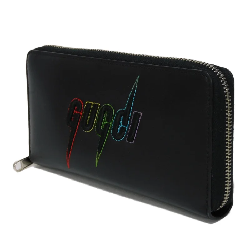 GUCCI Long Wallet Purse 597677 DTDTN 1058 Smooth Calfskin Leather black Logo embossing Blade Embroidery Zip Around Wallet mens Secondhand