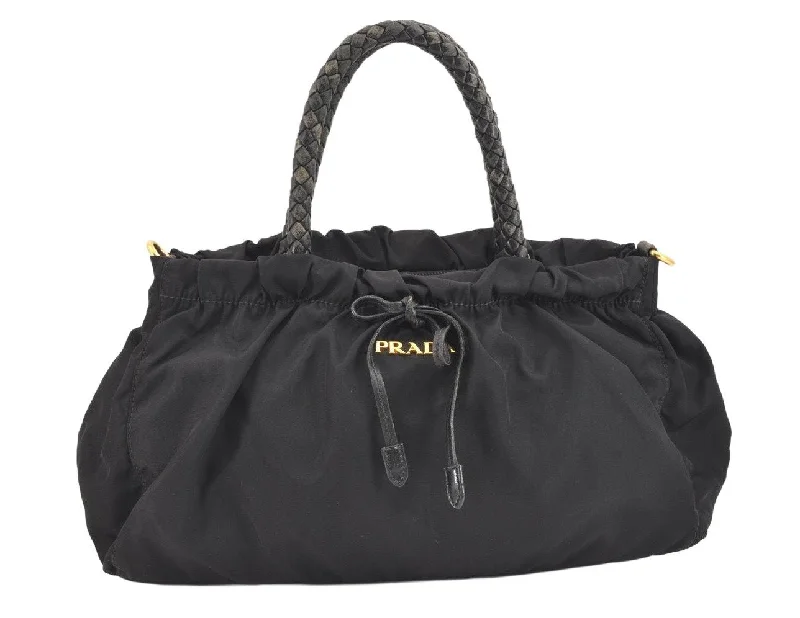 Authentic PRADA Tessuto Bow Ribbon Nylon Leather 2Way Hand Bag Black 5476K