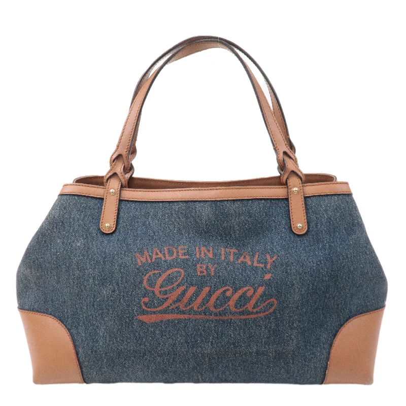 GUCCI Craft Denim Leather Tote Bag Hand Bag Navy Brown 348715