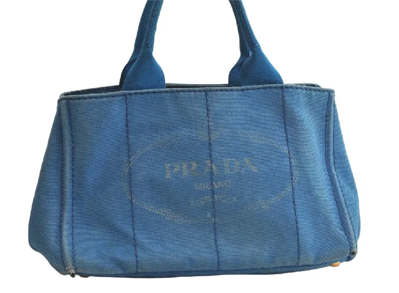 Authentic PRADA Canapa M Canvas Tote Hand Bag Blue 3970K