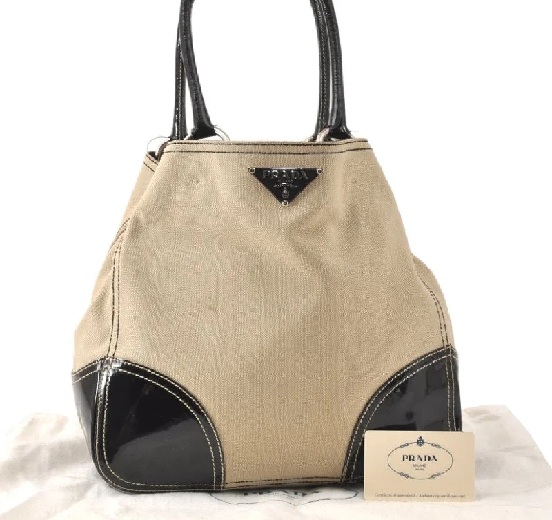 Authentic PRADA Vintage Canvas Enamel Shoulder Tote Bag Beige Black 4592K