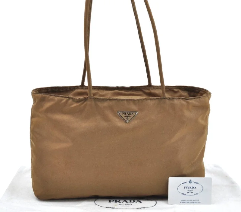 Authentic PRADA Nylon Tessuto Shoulder Tote Bag Brown L0552