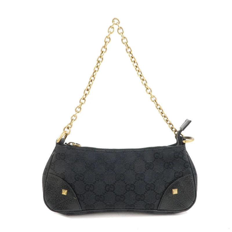 GUCCI GG Canvas Leather Chain Hand Bag Pouch Black 120940