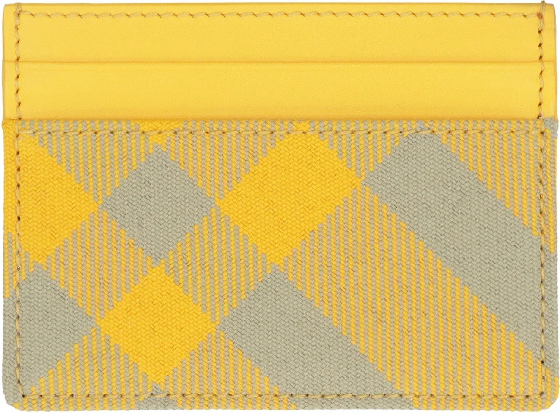 Men's Leather And Checked Fabric Card Holder in Yellow | 8079466153980 Color B7363