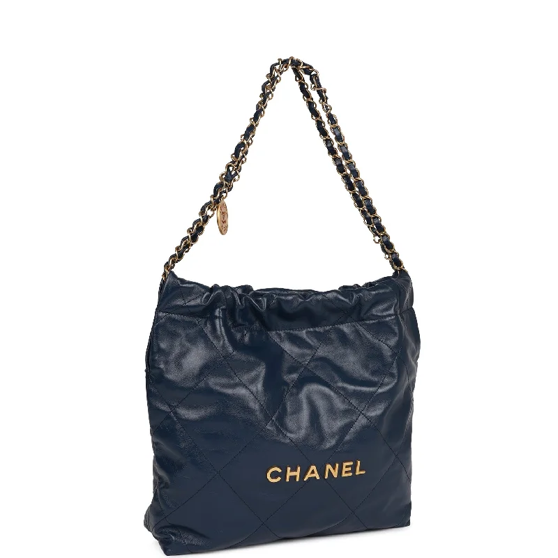 Chanel Large 22 Bag Navy Lambskin Antique Gold Hardware