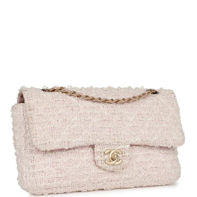 Chanel Medium Single Flap Bag Pink and White Tweed Brushed Gold Hardware