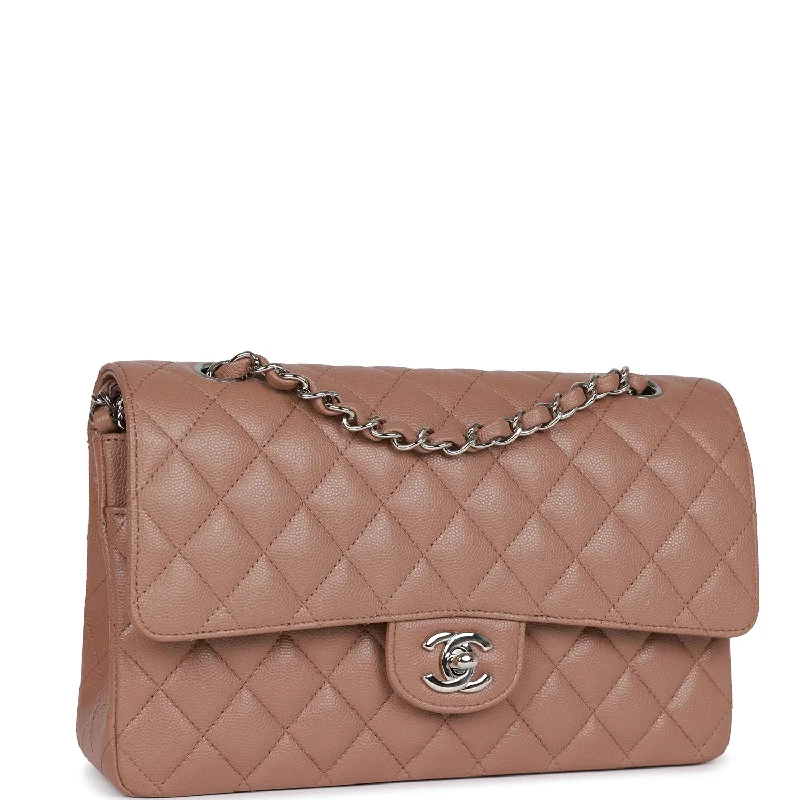 Chanel Medium Classic Double Flap Bag Beige Caviar Silver Hardware