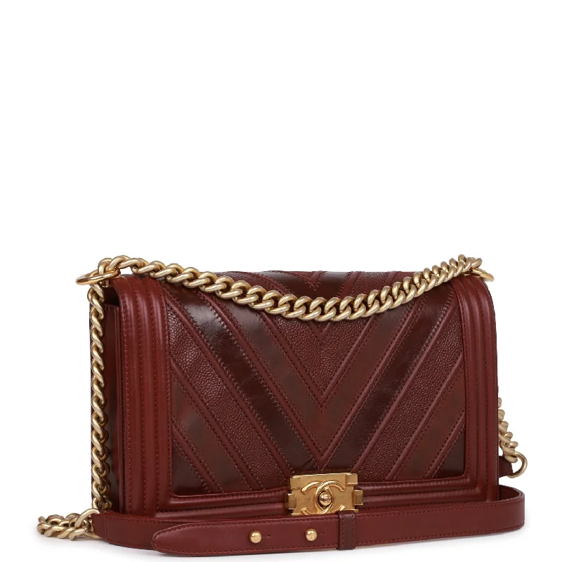 Chanel New Medium Boy Bag Burgundy Chevron Antique Gold Hardware