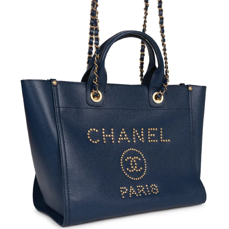 Chanel Small Deauville Shopping Bag Blue Caviar Antique Gold Hardware