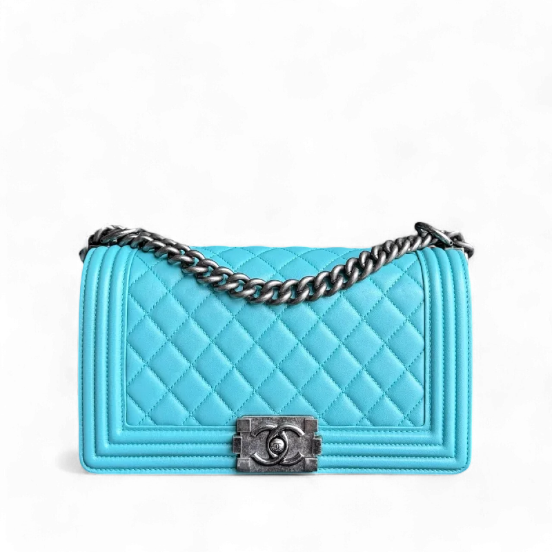 Chanel Boy Medium - 25CM Quilted Lambskin Cyan Blue Ruthenium Silver Hardware Series 19