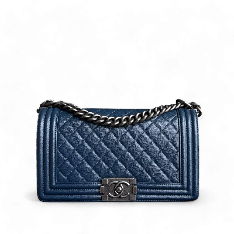 Chanel Boy Medium -Caviar 25CM Quilted Dark Navy Blue Ruthenium Silver Hardware Series 25