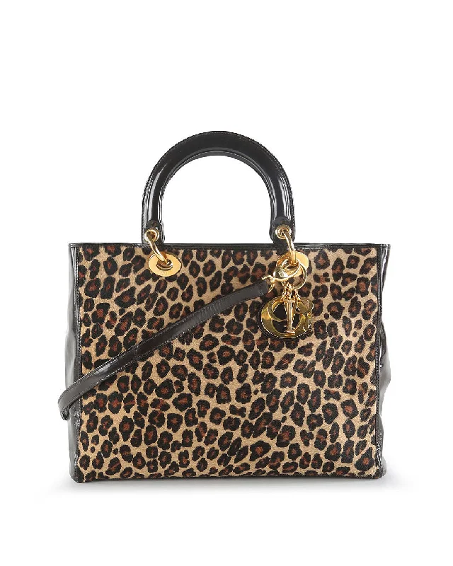 CHRISTIAN DIOR Leopard Print Pony Hair Lady Dior Bag