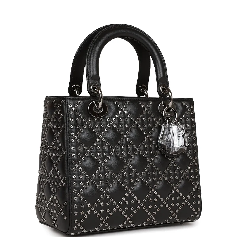 Christian Dior Lucky Star Medium Lady Dior Tote Black Lambskin Ruthenium Hardware